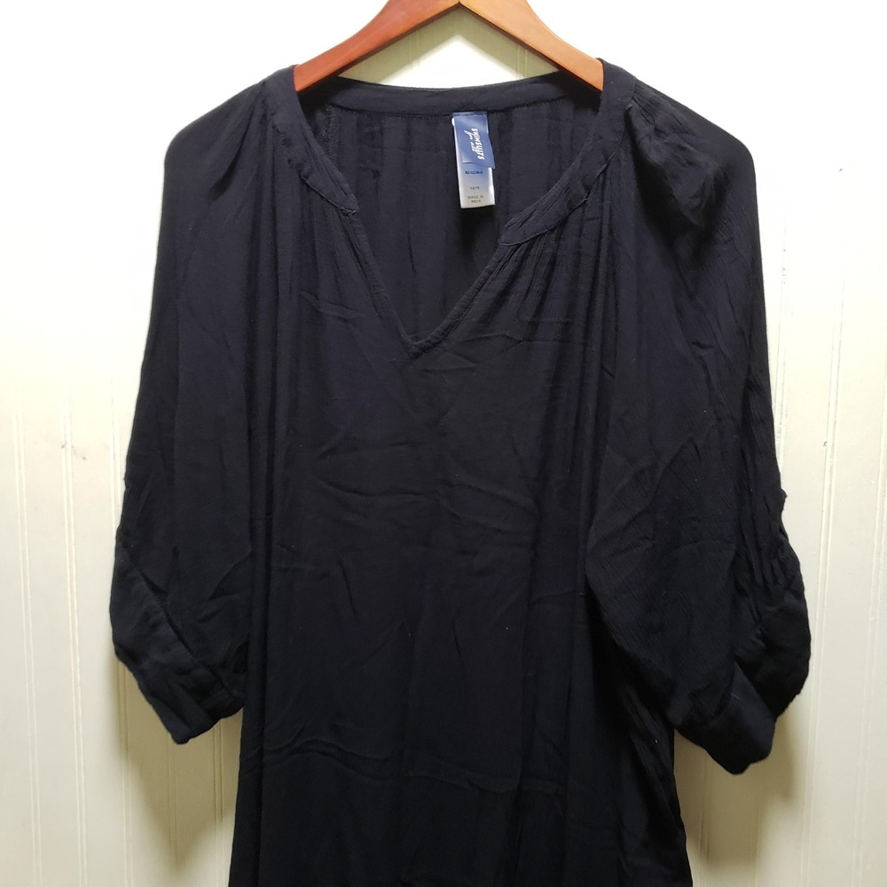 Swimsuit For All Cover Up Womens 14/16‎ Black V Neck 3/4 Sleeve Tunic Swim Beach